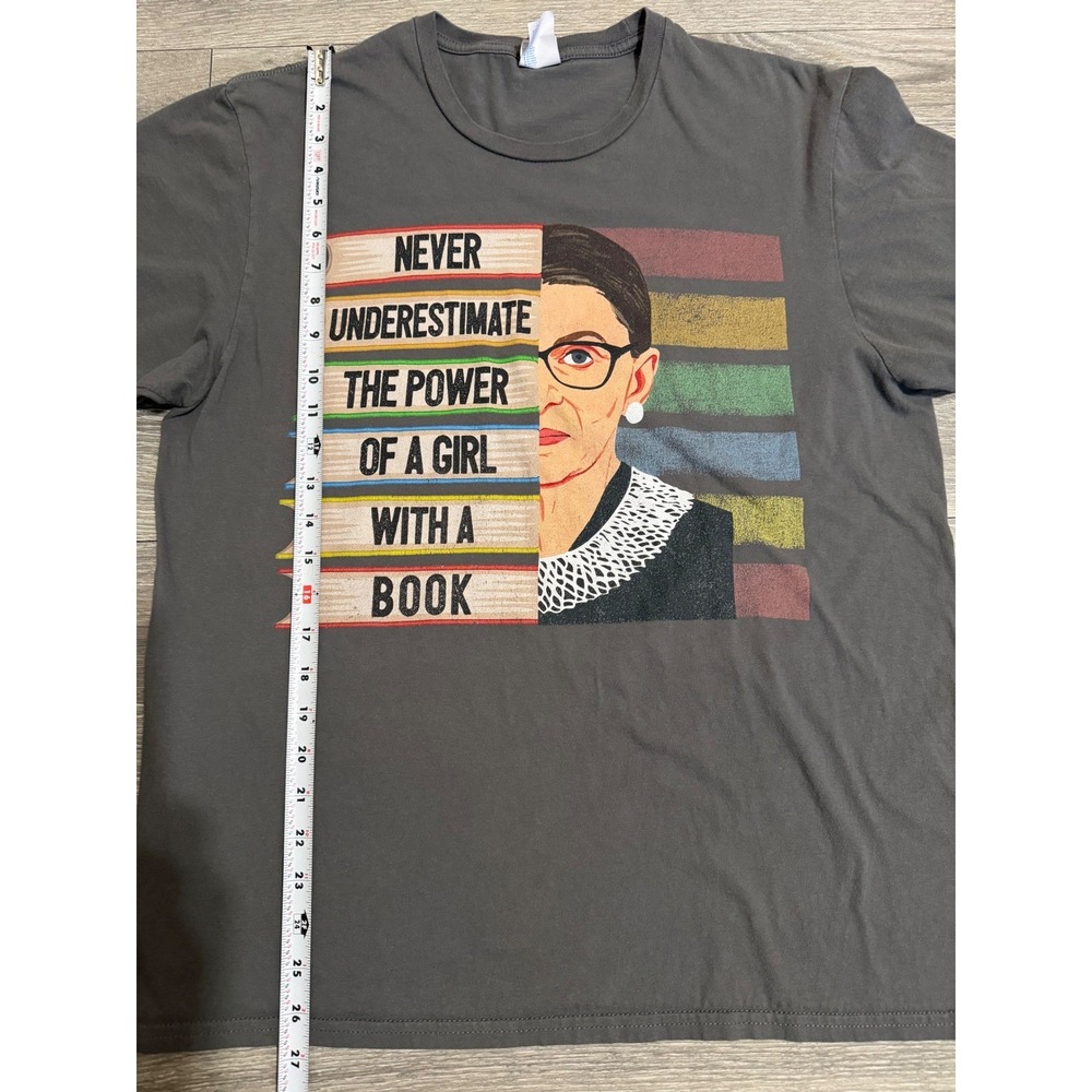 100% Cotton RBG Never Underestimate A Girl With A Book Graphic Tee Gray L - Picture 6 of 9